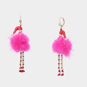 NWT $58 BETSEY JOHNSON Fluffy Flamingo Santa Hat Sparkly Drop Earrings Pink Red